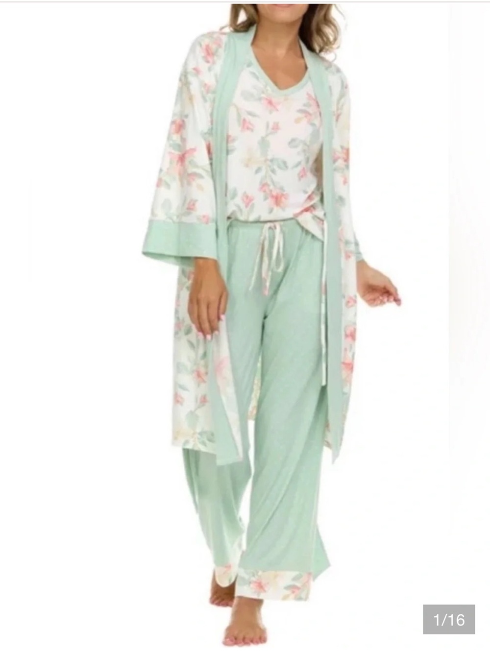 Flora Nikrooz Mint and Pink Floral 3-Piece Pajama Set NWT